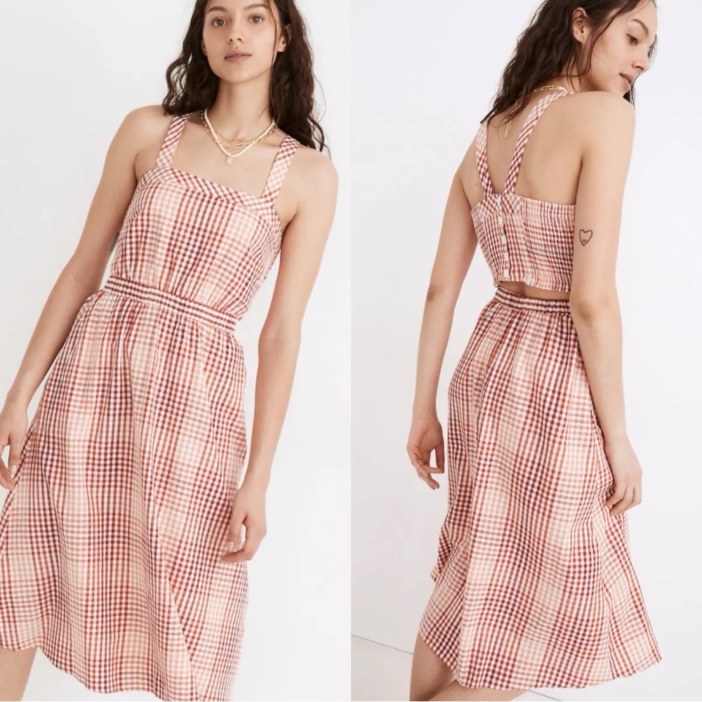 MADEWELL Plaid Gingham Red Cut Out-Back Midi Dress